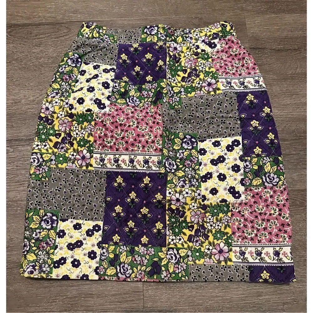 Womens Corduroy Floral Purple Patchwork Above Knee Cottagecore Skirt Size M